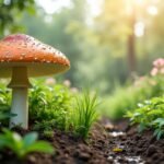 Csepegtető gomba a kertben, zöld növények között, napsütésben.