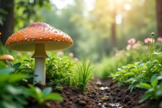 Csepegtető gomba a kertben, zöld növények között, napsütésben.