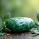 Zöld jade ásvány, körülötte levelek, nyugtató hatással.