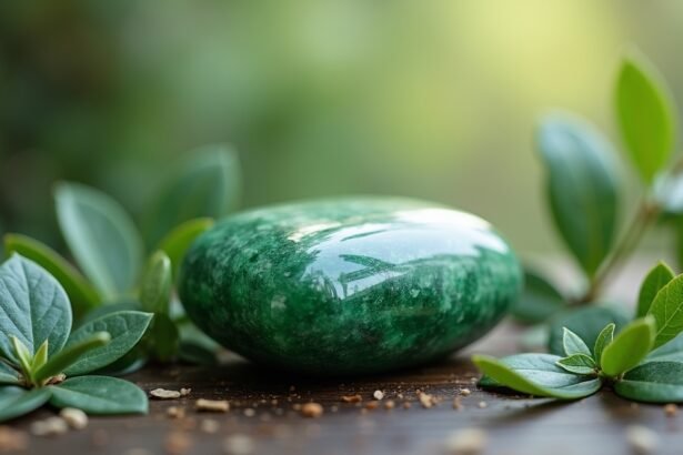 Zöld jade ásvány, körülötte levelek, nyugtató hatással.