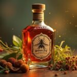 Spanyol légy vágyfokozó ital üveg, körülötte gyógynövényekkel és bogyókkal.