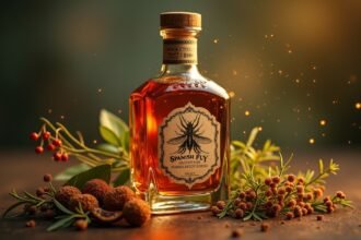 Spanyol légy vágyfokozó ital üveg, körülötte gyógynövényekkel és bogyókkal.