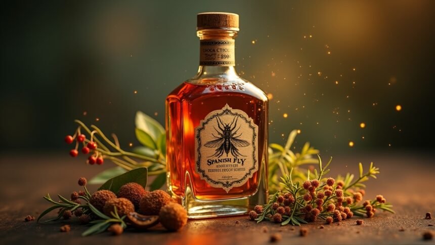 Spanyol légy vágyfokozó ital üveg, körülötte gyógynövényekkel és bogyókkal.