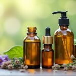 Illóolajok különböző üvegekben friss fűszeres növények között.