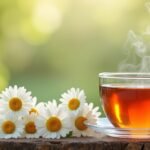 Kamillavirág tea gőzölögve, virágokkal körülvéve