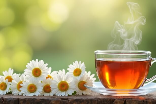 Kamillavirág tea gőzölögve, virágokkal körülvéve