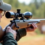 Férfi lövő CO2 légpuskával, célkeresővel a lövészpályán