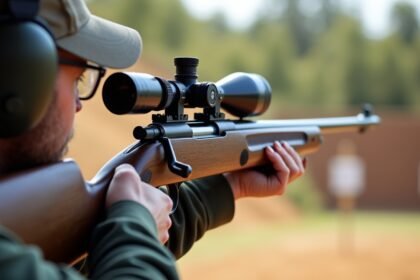 Férfi lövő CO2 légpuskával, célkeresővel a lövészpályán