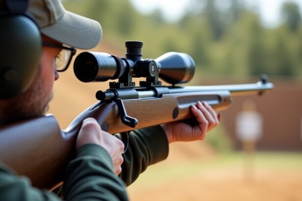 Férfi lövő CO2 légpuskával, célkeresővel a lövészpályán