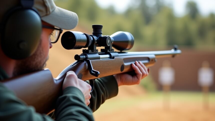 Férfi lövő CO2 légpuskával, célkeresővel a lövészpályán