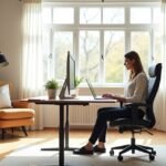 Modern home office setup with a woman working on a laptop.