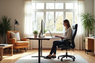 Modern home office setup with a woman working on a laptop.