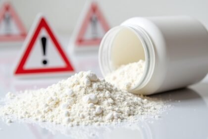 Xilit por és figyelmeztető táblák egészségügyi veszélyekkel kapcsolatban