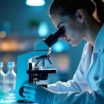 Mikroszkóppal dolgozó nő laboratóriumban, láthatatlan világ megfigyelése