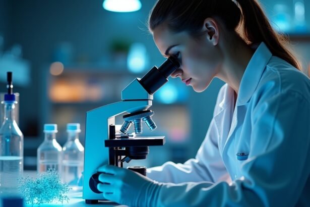 Mikroszkóppal dolgozó nő laboratóriumban, láthatatlan világ megfigyelése