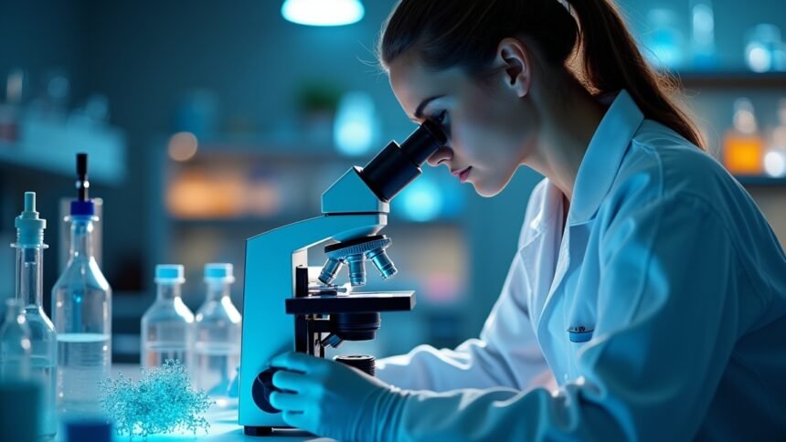 Mikroszkóppal dolgozó nő laboratóriumban, láthatatlan világ megfigyelése