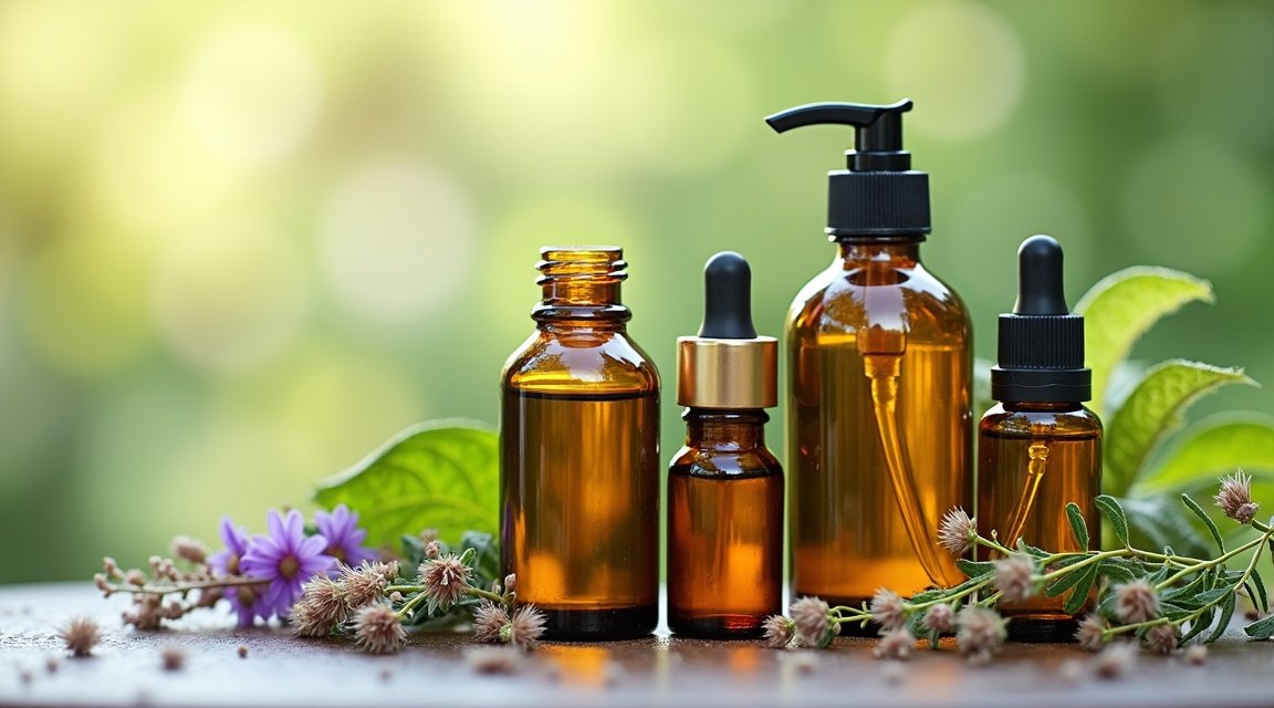 Illóolajok különböző üvegekben friss fűszeres növények között.