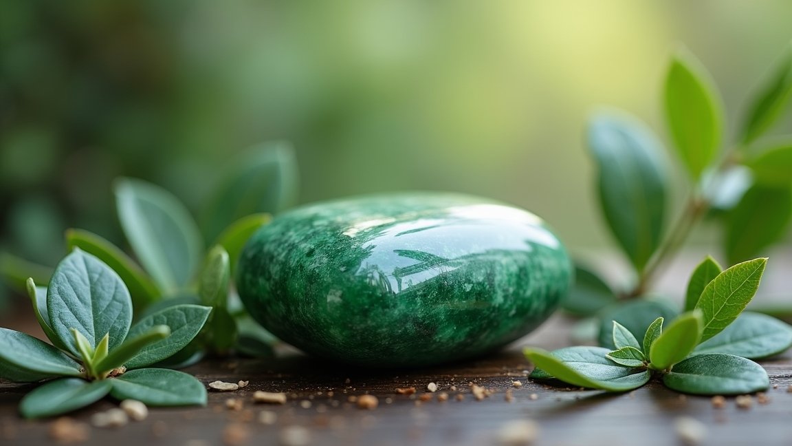 Zöld jade ásvány, körülötte levelek, nyugtató hatással.