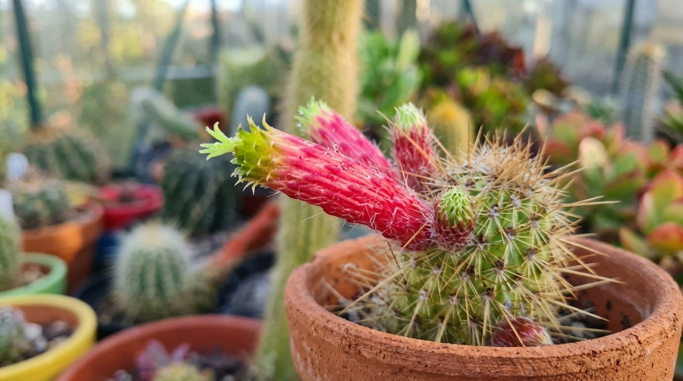 Színes kaktusz virágzás a cserépben, kevés gondozást igénylő növény.