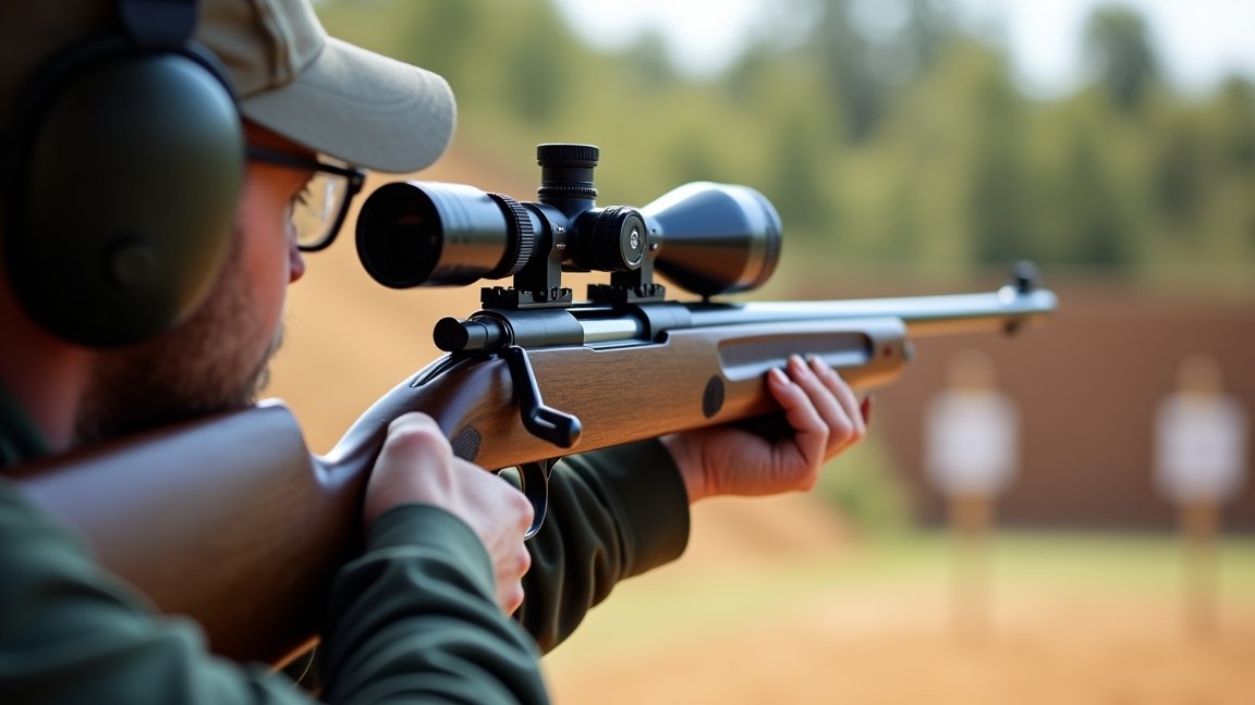 Férfi lövő CO2 légpuskával, célkeresővel a lövészpályán