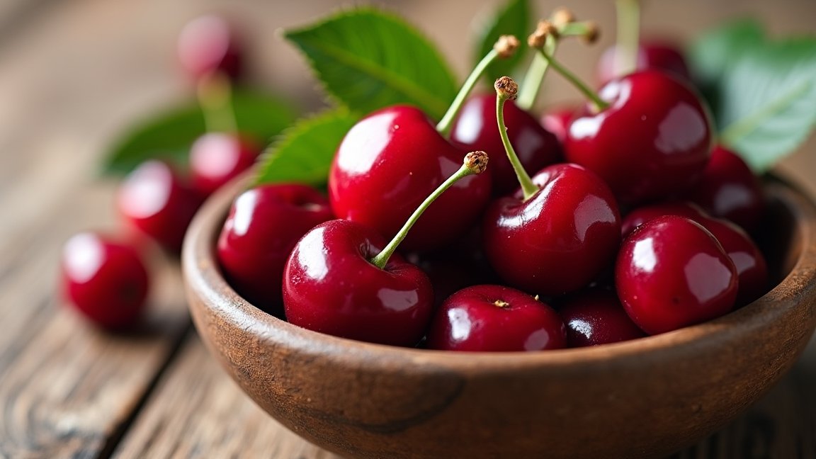 Friss meggy gyümölcs egy fából készült tálban