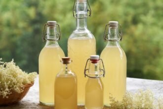 Házi bodzaszörp üvegek egy asztalon friss bodzavirágokkal