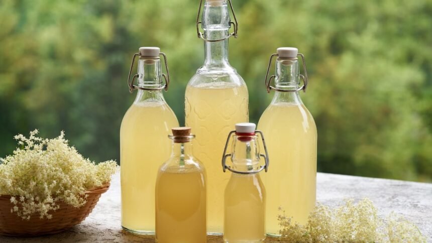 Házi bodzaszörp üvegek egy asztalon friss bodzavirágokkal