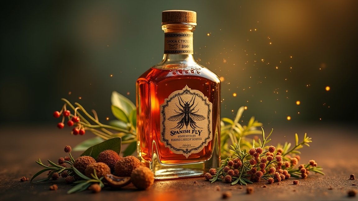 Spanyol légy vágyfokozó ital üveg, körülötte gyógynövényekkel és bogyókkal.