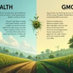 A kép ábrázolja a GMO-k és az egészség hatásait, napraforgókkal és zöldellő tájjal.