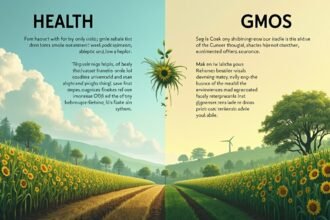 A kép ábrázolja a GMO-k és az egészség hatásait, napraforgókkal és zöldellő tájjal.