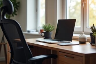 Modern otthoni munkahely laptop és növények mellett