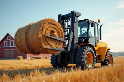 Targonca a mezőgazdaságban: szalmabála rakodása a mezőn.