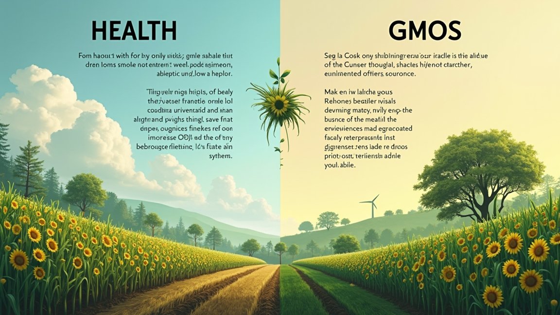 A kép ábrázolja a GMO-k és az egészség hatásait, napraforgókkal és zöldellő tájjal.