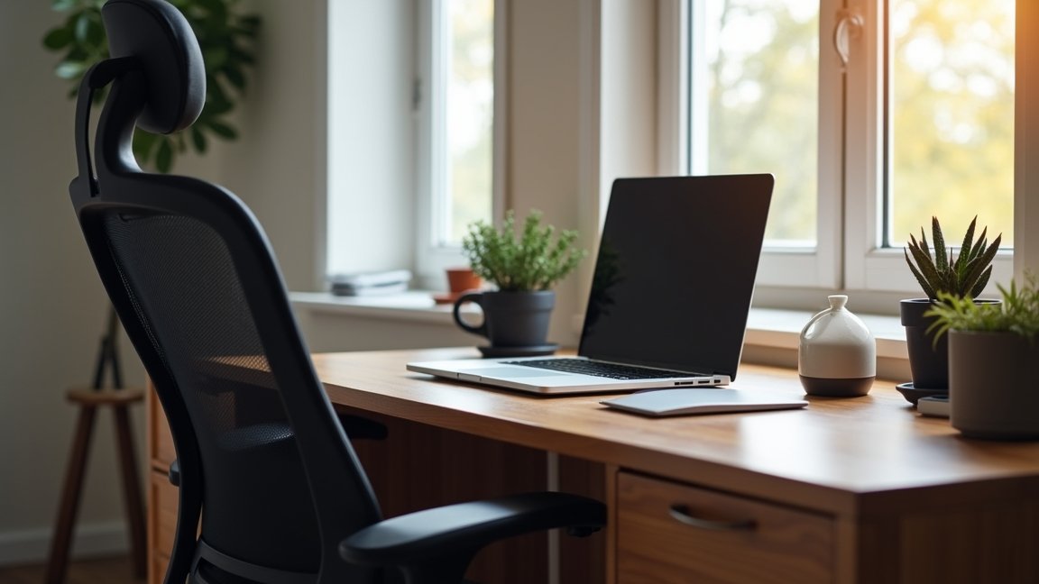 Modern otthoni munkahely laptop és növények mellett
