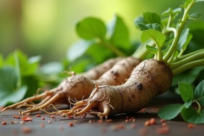 Kínai angyalgyökér friss gyökerei zöld levelekkel háttérben