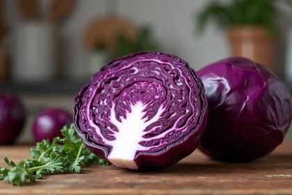 Félbevágott lilakáposzta friss zöldségekkel