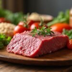 Friss marhahús zöldségekkel és fűszerekkel tálalva
