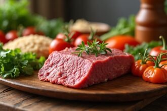 Friss marhahús zöldségekkel és fűszerekkel tálalva