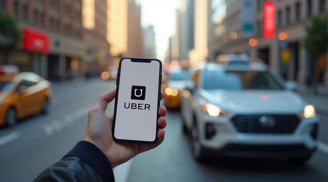 Uber alkalmazás mobiltelefonon városi környezetben