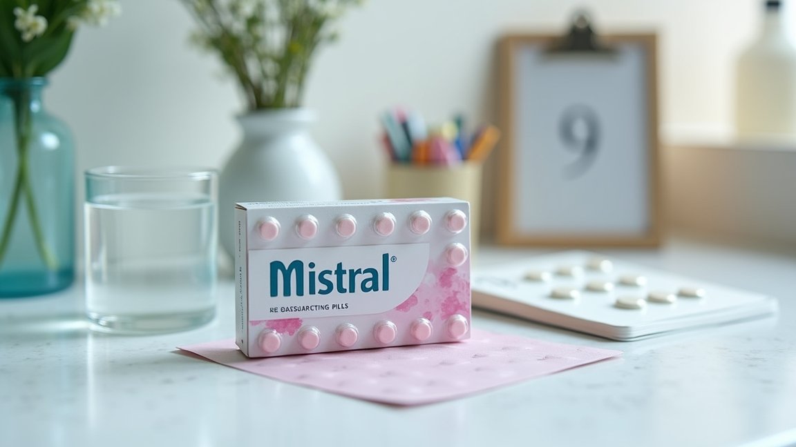 Mistral fogamzásgátló tabletták csomagolása és üveg víz