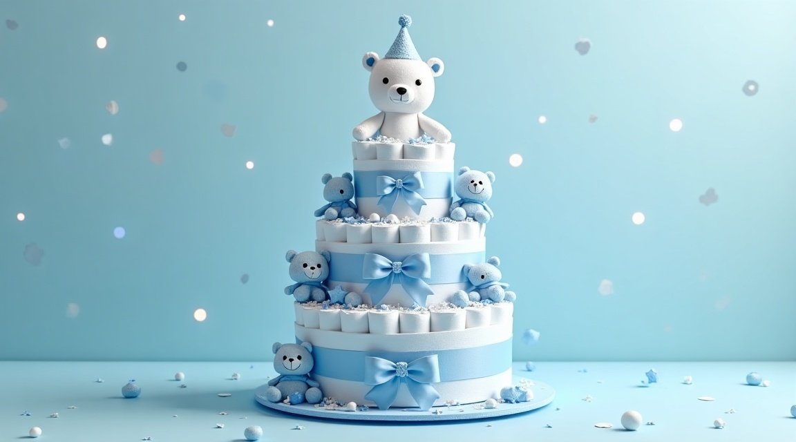 Kék pelenkatorta kisfiúknak, plüss mackókkal díszítve.