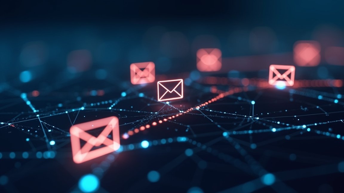 Digitális levelezés ikonok hálózata, elektronikus kommunikáció ábrázolása