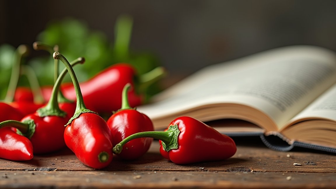 Friss erős paprika és egy nyitott receptkönyv az asztalon