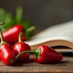 Friss erős paprika és egy nyitott receptkönyv az asztalon