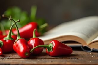 Friss erős paprika és egy nyitott receptkönyv az asztalon