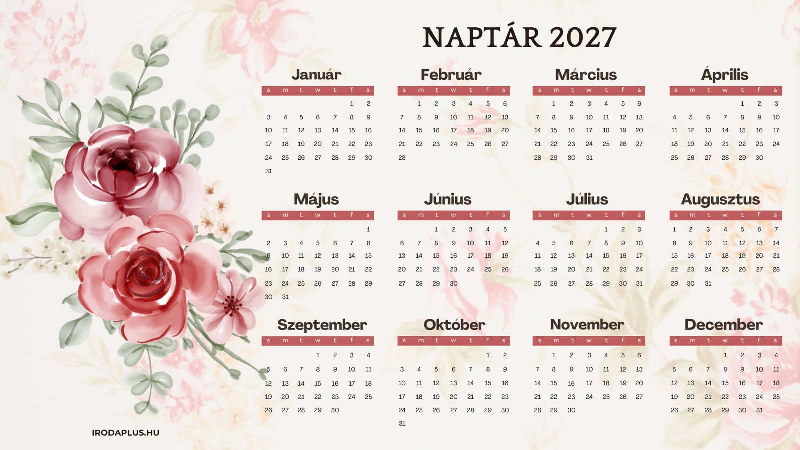 Virágos naptár 2027, a heti tervezés és időbeosztás megkönnyítésére.