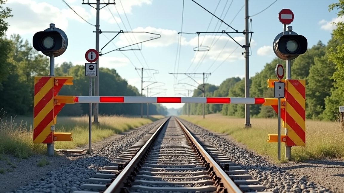 Vasúti sorompók és fényjelzések síneken való átkeléshez