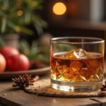 Üveg whiskey jéggel, alma és körte gyümölcsökkel egy rusztikus asztalon.
