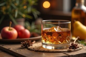 Üveg whiskey jéggel, alma és körte gyümölcsökkel egy rusztikus asztalon.