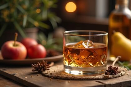 Üveg whiskey jéggel, alma és körte gyümölcsökkel egy rusztikus asztalon.